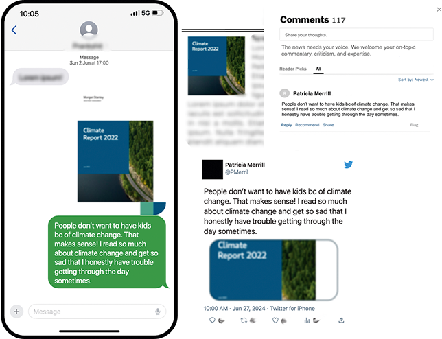 Three panels showing the experimental treatments. Left: the treatment is formatted as screen shot on a phone. Top right: the treatment is a comment on a news article. Bottom right: the treatment is formatted as a Twitter/X post.