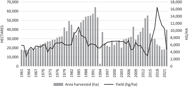 A bar graph highlights the area harvested under coffee has declined since the 1980s. Yield has fluctuated.
