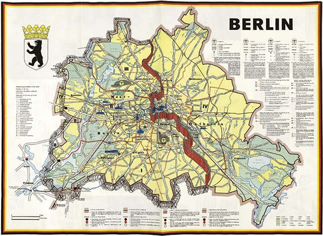 The map of divided Berlin in 1961 shows a brickstone wall between East and West Berlin and barbed wire between West Berlin and East Germany. See long description.