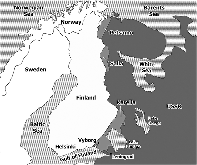 The map of Finland since 1945 shows the Soviet-Finnish border, including the territories lost (eastern Karelia in the south, Salla in the middle, and Petsamo in the north). See long description.