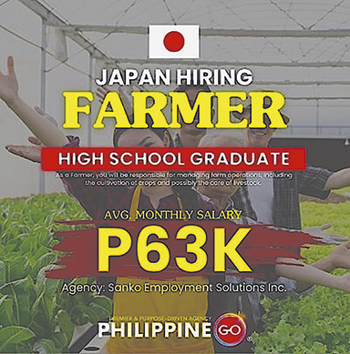 Screenshot of a job ad by Philippine Go Network on Facebook for farming jobs in Japan. Applicants must be high school grads. Monthly salary: 63,000 pesos. The listed agency is Sankyo Employment Solutions, based in Manila.