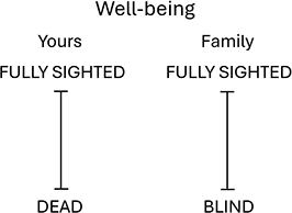Two side-by-side well-being scales. For the first, labelled Yours, the two ends are Dead and Fully sighted. For the second, labelled Family, the two ends are Blind and Fully sighted.