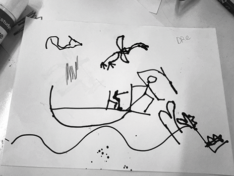 An artwork of an Aboriginal child, David, depicting a man with a spear hunting a crocodile.