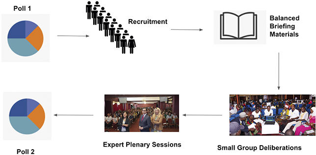 A diagram shows the stages in the deliberative polling process illustrated by icons or pictures. First is poll 1, followed by recruitment, balanced briefing materials, small group deliberations, expert plenary sessions, and finally poll 2.