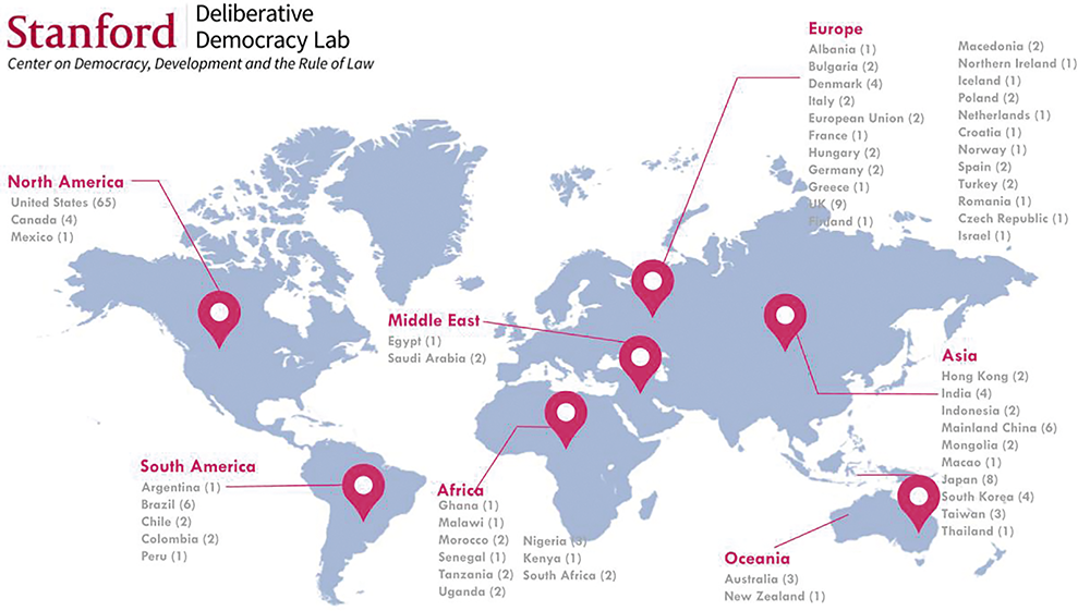 A map of the world shows the number of times Deliberative Polling has been implemented in each country around the world. See long description.