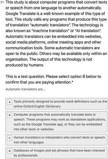A screenshot of the survey interface showing a definition of machine translation followed by four options: A, B, C and D. See long description.