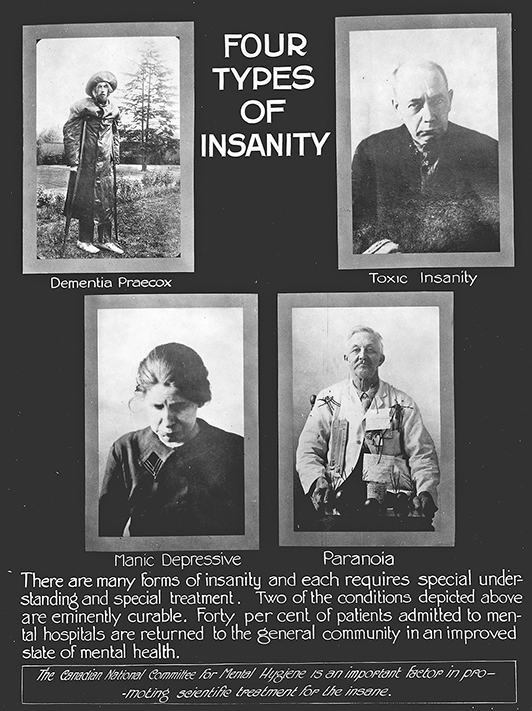 The poster has four images. Top left: A man stands outside with a coat and crutches. Top right: A man sits and looks at the camera. Bottom left: A woman sits and looks down. Bottom right: A man sits and holds a tray of indeterminable objects.