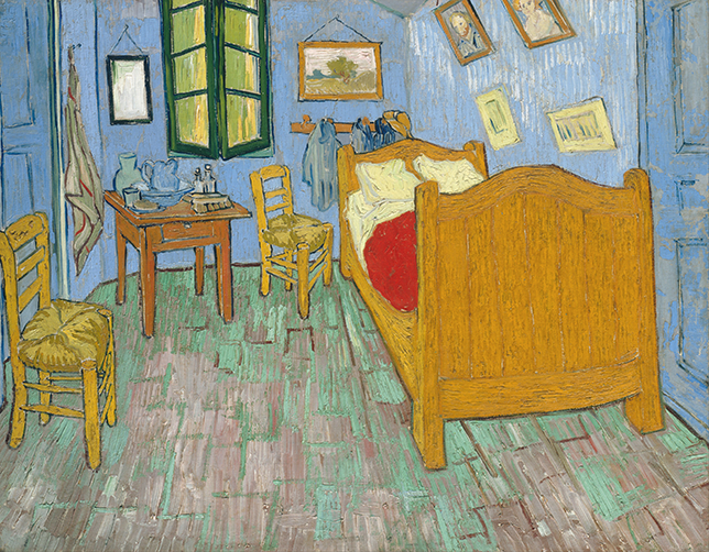 Painting of a small, colourful bedroom with light blue walls. There is a bed on the right side with white sheets and pillows and a red blanket. There is a portrait of a man and another of a woman on the right wall. To the left of the bed are two chairs askew and a small table with a pitcher, cup, plate and vase. The floor is red and green brick. There is a green window on the back wall.