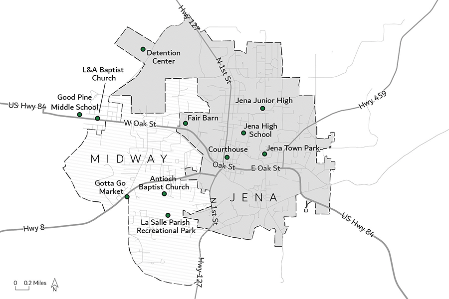 A map. The Town of Jena is shaded on the right (east), unincorporated area Midway is outlined on the left (west) with an irregular boundary between them, with highways in and out of town and sites of events. See long description.