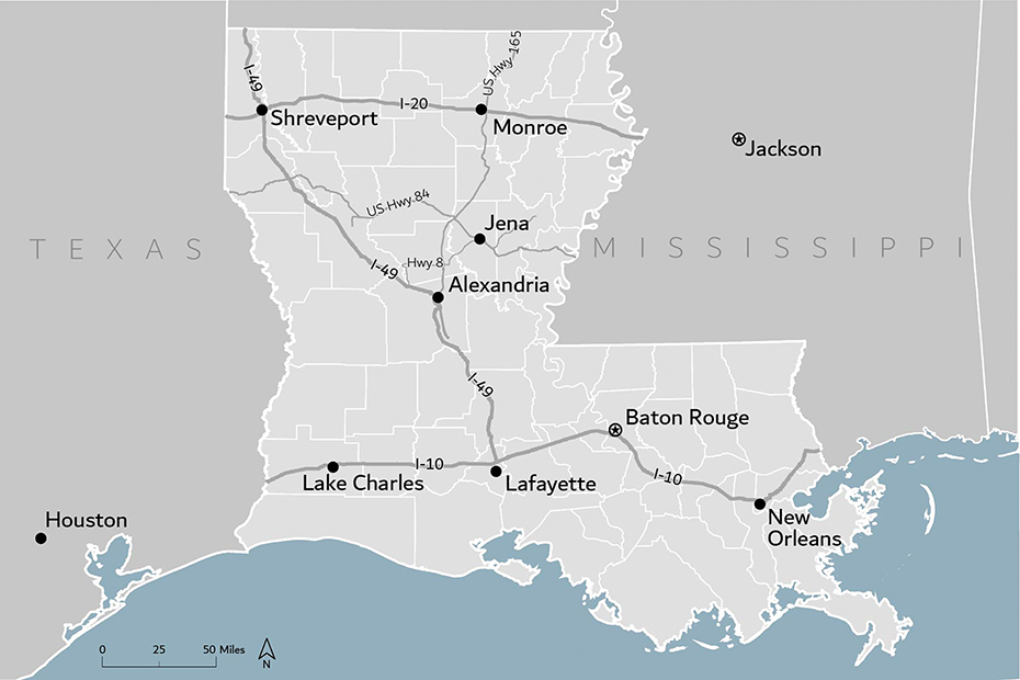 A map showing Louisiana with Texas on the left (west) and Mississippi on the right (east). The ocean to the south. Cities and highways are shown. See long description.