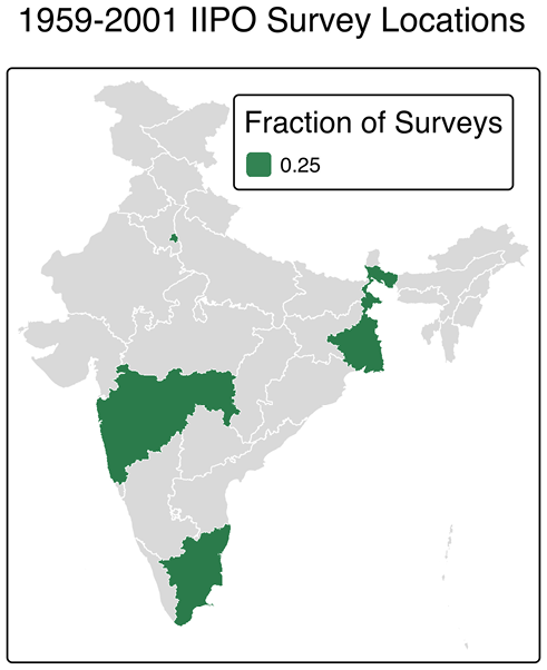 Choropleth map of India showing IIPO survey locations (1959–2001) with higher survey fraction in Tamil Nadu, Maharashtra, West Bengal, and Delhi.