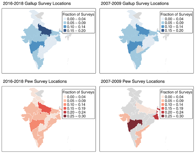 Four choropleth maps showing Gallup and Pew survey locations in India for 2016–2018 and 2007–2009, shaded by survey fraction.