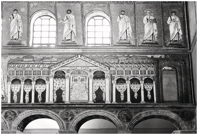 A photograph of a church interior, with three horizontal bands of mosaic decoration. Looking from the left, four fifths of the middle band depicts a palace marked Palatium. The remaining space to the right shows a city gate marked Civitas Ravenn.