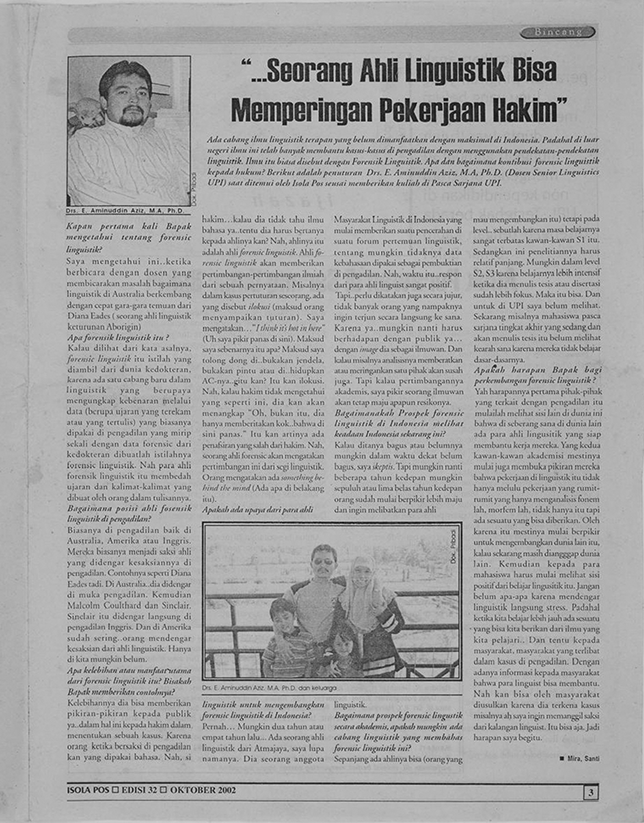 Newspaper article titled A Linguist Can Ease a Judge’s Work, featuring an interview with E. Aminudin Aziz (Senior Linguistics Lecturer at UPI) about forensic linguistics. Published in Isola Pos, Edition 32, October 2002. See long description.