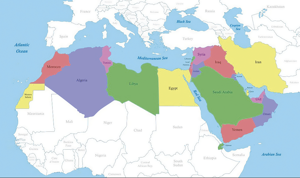 A map showing the countries of the Middle East and North Africa region. See long description.