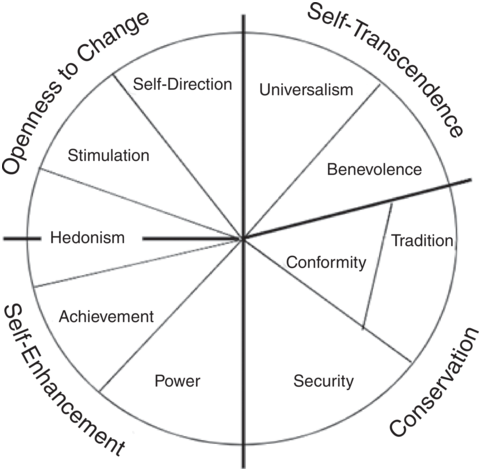 A wheel and spoke diagram lists four main sections, Openness to Change, Self-Transcendence, Conservation, and Self-Enhancement. See long description.