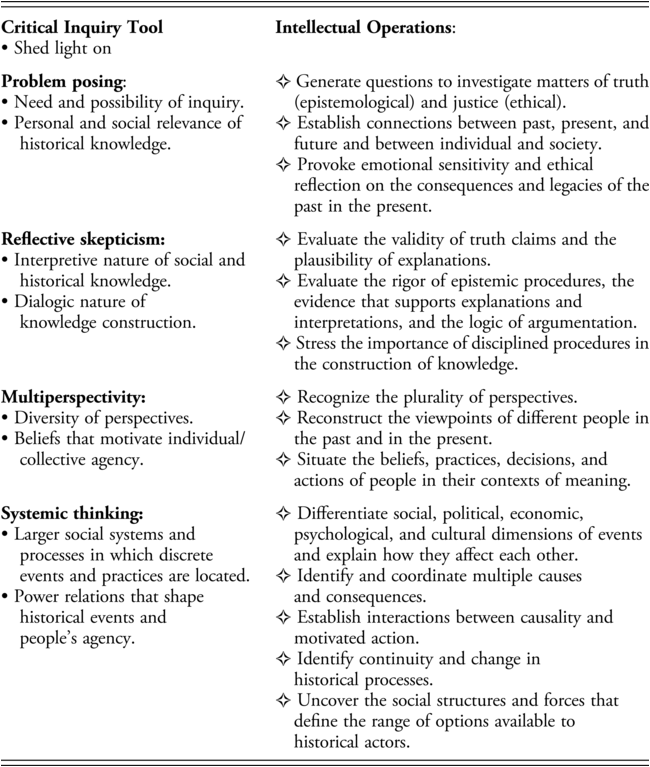 A table lists the details of the critical inquiry tool, including problem posing, reflective skepticism, multiperspectivity, and systemic thinking. See long description.