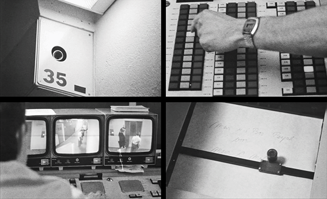 Each quadrant features a still color image from the film, A Question of Silence. See long description.