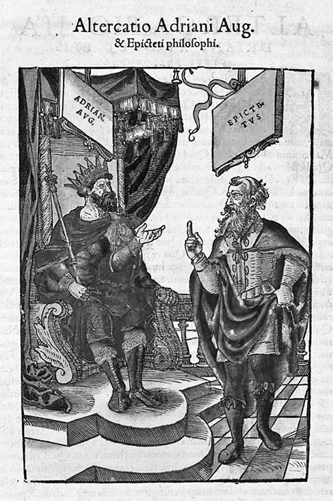 A man stands in a red cloak, finger raised assertively. He faces an emeperor, seated in a raised throne and draped in blue.