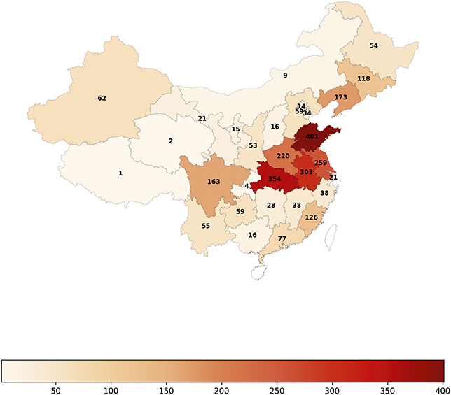 Map (b) displays the number of positions bought and sold, using a similar color gradient. The highest numbers appear in Henan (354), Anhui (303), and Shandong (259), with lighter tones in provinces such as Tibet (1) and Ningxia (2).
Both maps reveal that more cases occur in central and eastern provinces compared to western regions.
