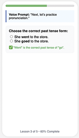 Mobile interface showing an AI-powered microlearning app with a progress bar, voice instructions, color-coded grammar hints, and a minimalist layout designed for short learning sessions.