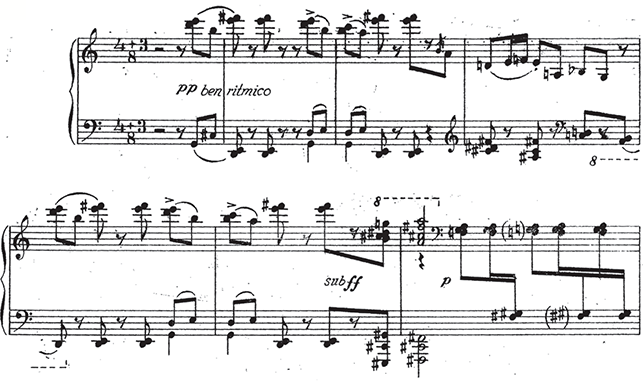 A musical excerpt showing the first six measures of Dragutin Gostuški’s Dance No. 1 from Two Dances for piano, composed in 1954. See long description.
