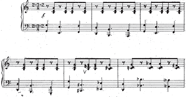 A musical excerpt showing the first six measures of Dragutin Gostuški’s Dance No. 2 from Two Dances for piano. See long description.