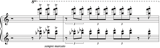 A musical excerpt depicting Ljubica Marić, Byzantine Concerto, composed in 1959, the third movement, piano part in measures 25 and 26. See long description.