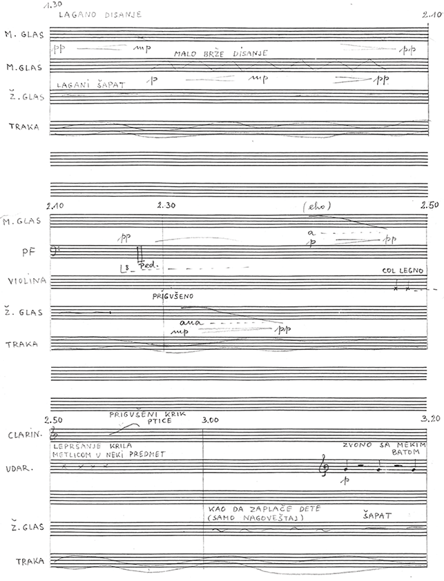 A music excerpt of Ludmila Frajt, page two of the autograph score of Nokturno, composed in 1975. See long description.