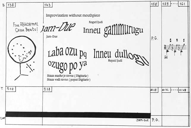 A page of a graphic score of Zoran Erić’s The Abnormal Beats of the Dogon, composed in 1991. See long description.
