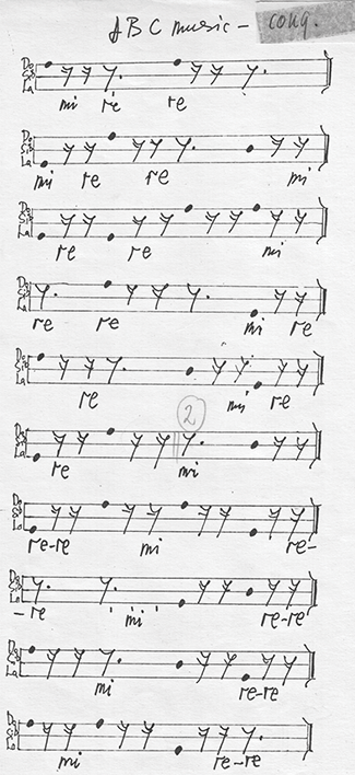 A handwritten score of Miroslav Savić’s ABC Music for Conga, composed in 1983, shows ten measures, each written on a separate line of a three-line staff. See long description.