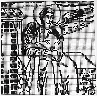 A computer-generated two-dimensional pixelated rendering of the White Angel of the Angel at the Tomb of Christ.