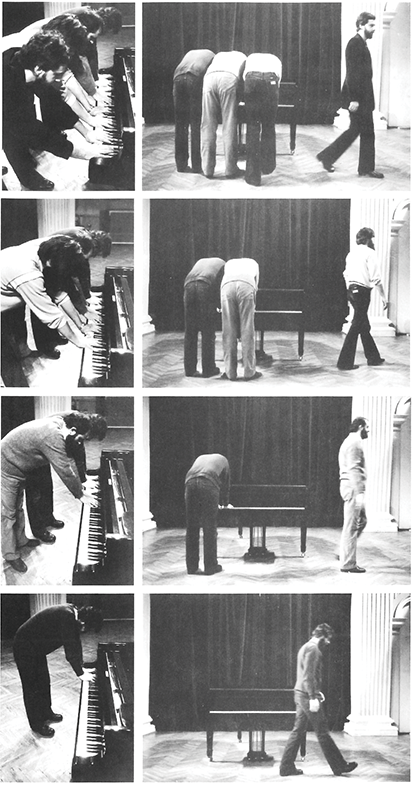 Eight photographs of the performance of Milimir Drašković’s Klavir, Opus 4, No. 1, composed in 1980. See long description.