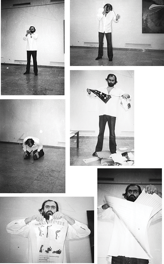 A collage of six photographs showing Miodrag Lazarov Pashu during the performance of his Two Aspects of Sound, created between 1981 and 1982, at the Student Cultural Center. See long description.