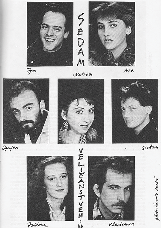 A page, from a concert program booklet, features headshots, most in three-quarter portraits, of seven members of the Magnificent Seven. See long description.