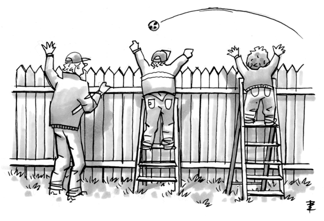 An illustration of an elderly person, teenager, and child of different heights watching a ball over a fence. The tall man stands on the ground, while the youth and the child use height-appropriate ladders to peek over at ease, illustrating equity.