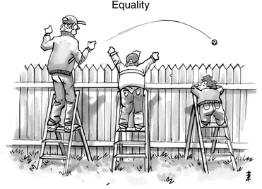 An illustration of an elderly person, a teenager, and a child of different heights standing on identical ladders to look over a ball thrown over a tall wooden fence. The tallest man sees easily while the shortest child struggles to peek over.