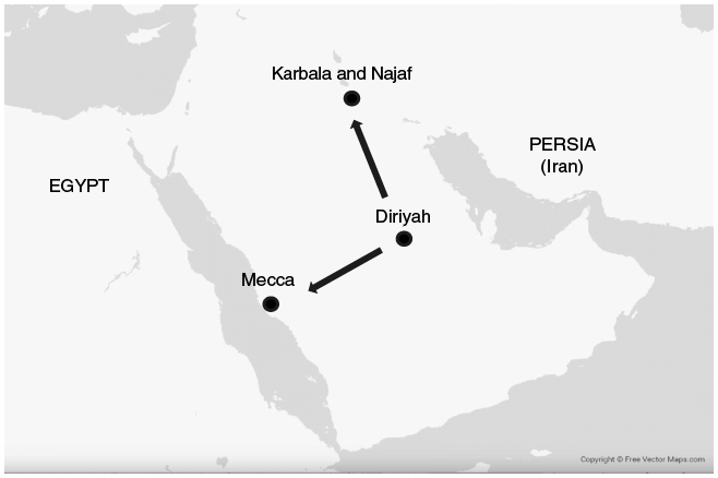 Map showing central location of Diriyah with Mecca to WSW and Karbala and Najaf to NWN.