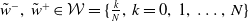 w overtilde Superscript minus Baseline comma w overtilde Superscript plus Baseline element of script upper W equals StartSet StartFraction k Over upper N EndFraction comma k equals 0 comma 1 comma ellipsis comma upper N EndSet