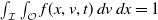 integral Underscript script upper I Endscripts integral Underscript script upper O Endscripts f left parenthesis x comma v comma t right parenthesis d v d x equals 1