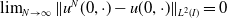 limit Underscript upper N right arrow normal infinity Endscripts StartMetric u Superscript upper N Baseline left parenthesis 0 comma dot right parenthesis minus u left parenthesis 0 comma dot right parenthesis EndMetric Subscript upper L squared left parenthesis upper I right parenthesis Baseline equals 0