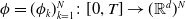 phi equals left parenthesis phi Subscript k Baseline right parenthesis Subscript k equals 1 Superscript upper N Baseline colon left bracket 0 comma upper T right bracket right arrow left parenthesis double struck upper R Superscript d Baseline right parenthesis Superscript upper N