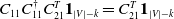 upper C 11 upper C 11 Superscript dagger Baseline upper C 21 Superscript upper T Baseline bold 1 Subscript StartAbsoluteValue upper V EndAbsoluteValue minus k Baseline equals upper C 21 Superscript upper T Baseline bold 1 Subscript StartAbsoluteValue upper V EndAbsoluteValue minus k