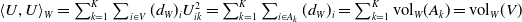 left angle bracket upper U comma upper U right angle bracket Subscript upper W Baseline equals sigma summation Underscript k equals 1 Overscript upper K Endscripts sigma summation Underscript i element of upper V Endscripts left parenthesis d Subscript upper W Baseline right parenthesis Subscript i Baseline upper U Subscript i k Superscript 2 Baseline equals sigma summation Underscript k equals 1 Overscript upper K Endscripts sigma summation Underscript i element of upper A Subscript k Baseline Endscripts left parenthesis d Subscript upper W Baseline right parenthesis Subscript i Baseline equals sigma summation Underscript k equals 1 Overscript upper K Endscripts vol Subscript upper W Baseline left parenthesis upper A Subscript k Baseline right parenthesis equals vol Subscript upper W Baseline left parenthesis upper V right parenthesis