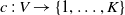 c colon upper V right arrow StartSet 1 comma ellipsis comma upper K EndSet