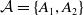 script upper A equals StartSet upper A 1 comma upper A 2 EndSet