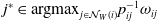 j Superscript asterisk Baseline element of argmax Subscript j element of script upper N Sub Subscript upper W Subscript left parenthesis i right parenthesis Baseline p Subscript i j Superscript negative 1 Baseline omega Subscript i j