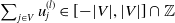 sigma summation Underscript j element of upper V Endscripts u Subscript j Superscript left parenthesis l right parenthesis element of left bracket minus StartAbsoluteValue upper V EndAbsoluteValue comma StartAbsoluteValue upper V EndAbsoluteValue right bracket intersection double struck upper Z