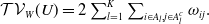 script upper T script upper V Subscript upper W Baseline left parenthesis upper U right parenthesis equals 2 sigma summation Underscript l equals 1 Overscript upper K Endscripts sigma summation Underscript i element of upper A Subscript l Baseline comma j element of upper A Subscript l Superscript c Baseline Endscripts omega Subscript i j Baseline period