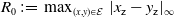 upper R 0 colon equals max Underscript left parenthesis x comma y right parenthesis element of script upper E Endscripts StartAbsoluteValue x Subscript sans serif z Baseline minus y Subscript sans serif z Baseline EndAbsoluteValue Subscript normal infinity Baseline